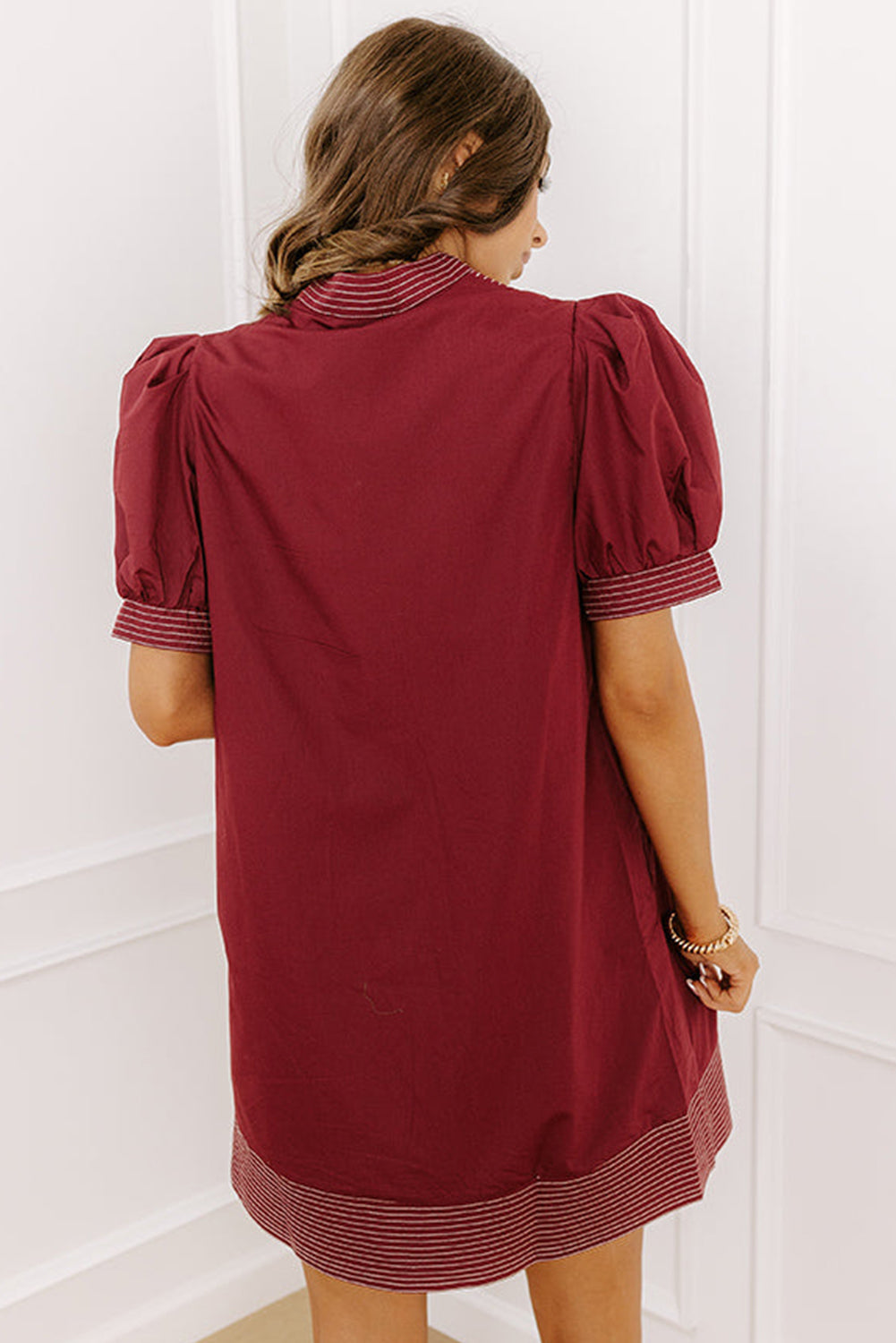 Burgundy Stitched Detail V Neck Short Puff Sleeve Shift Mini Dress