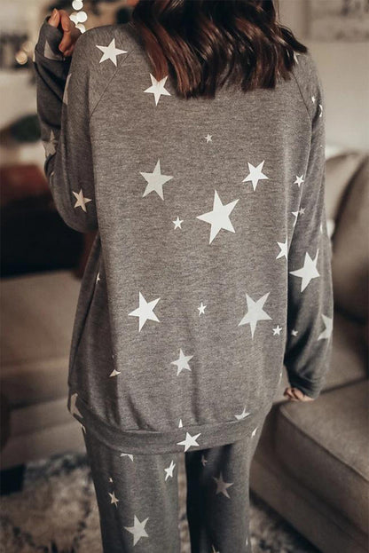 Gray Stars Print Long Sleeve 2pcs Lounge Pants Set
