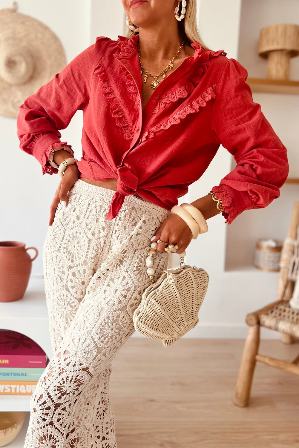 Red Clay Embroidered Ruffled Edge Puff Sleeve Shift Shirt