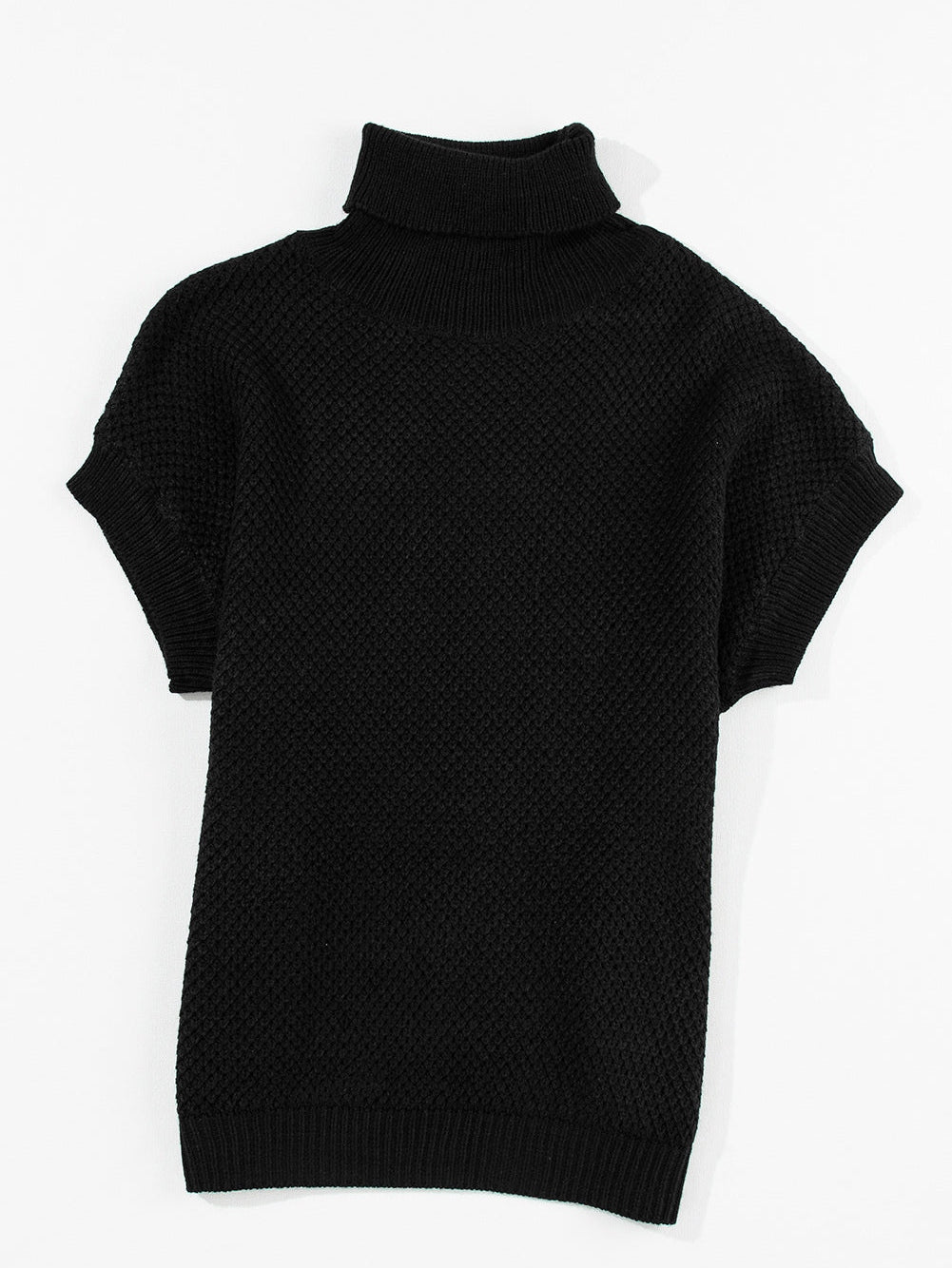 Elegant Black Ribbed Turtleneck Short Sleeve Sweater