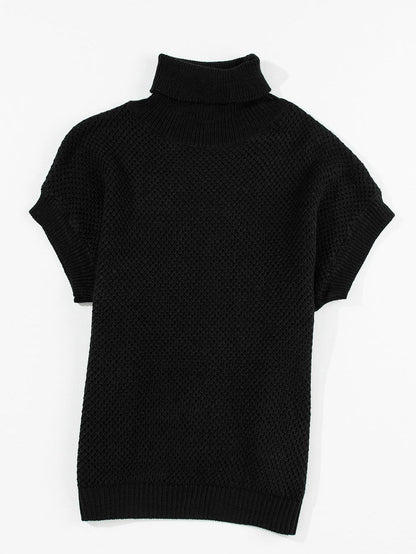 Elegant Black Ribbed Turtleneck Short Sleeve Sweater