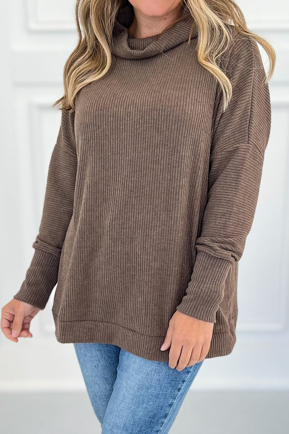 Dark Brown Turtleneck Ribbed Texture Knitted Drop Shoulder Pullover Loose Top