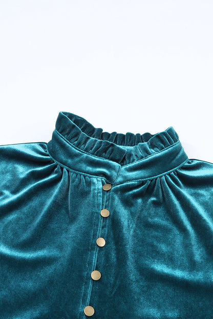 Frilled Neck Green Velvet Top with Buttoned Front