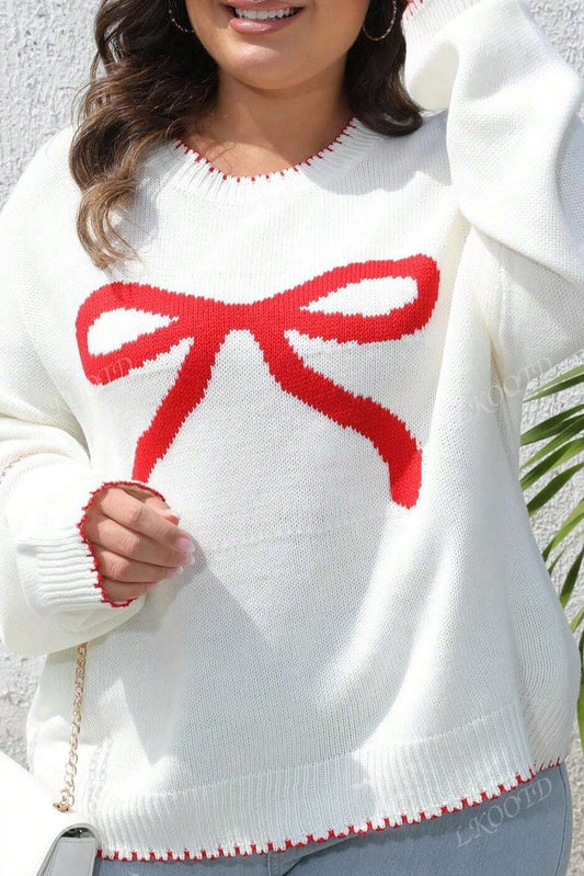 White Contrast Bow Pattern Detail Plus Size Baggy Sweater