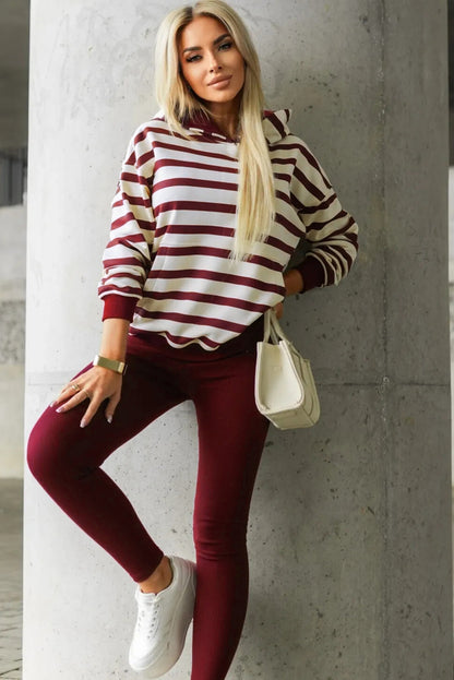 Red Stripe Pullover Hoodie Ribbed Solid Pants 2pcs Set Outfit