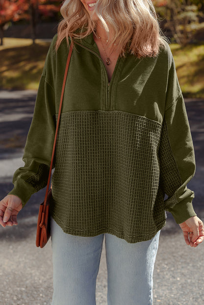 Moss Green Waffle Knit Patchwork Half Zipped Casual Sweatshirt