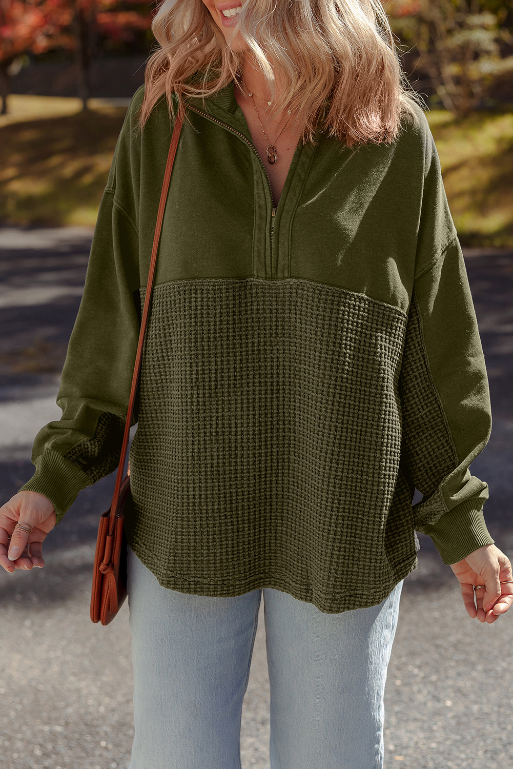 Moss Green Waffle Knit Patchwork Half Zipped Casual Sweatshirt