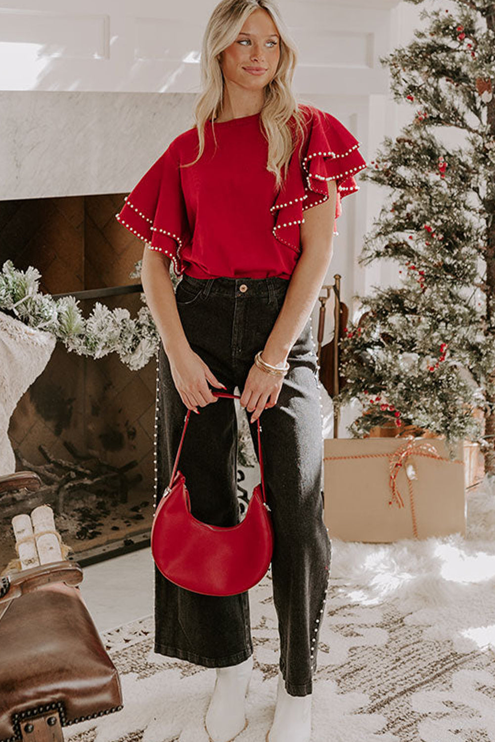 Racing Red Pearl Embellished Double Ruffle Short Sleeve Sweater