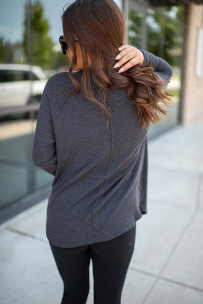 Dark Grey Solid Color Thermal Knit Exposed Seam Raglan Sleeve Top