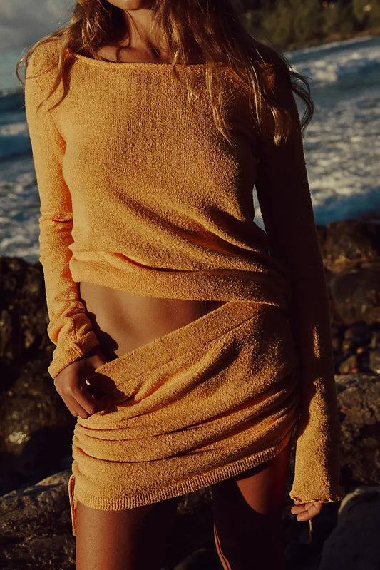 Jurassic Gold Raw Edge Trim Boat Neck Sweater Drawstring Side Mini Skirt 2pcs Outfit