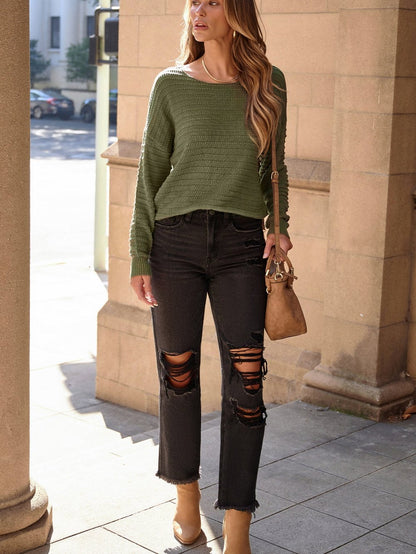 Green Textured Knit Dolman Sleeve Sweater for Stylish Winter Looks