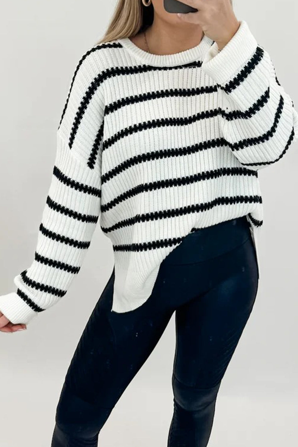 Black Stripe Ribbed Knit Drop Shoulder Loose Sweater