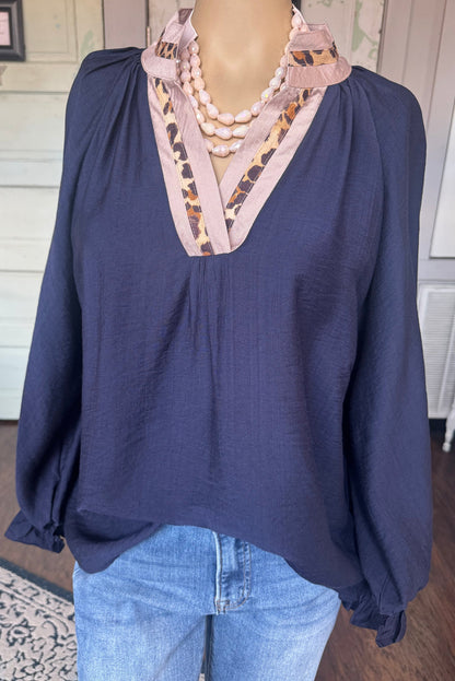 Navy Blue Contrast Leopard Patchwork Collar Plus Size Long Flounce Sleeve Blouse