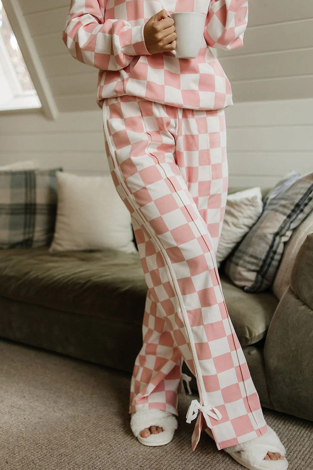 Pink Checkered Print Hoodie Side Stripe Bow Knot Pants 2pcs Set