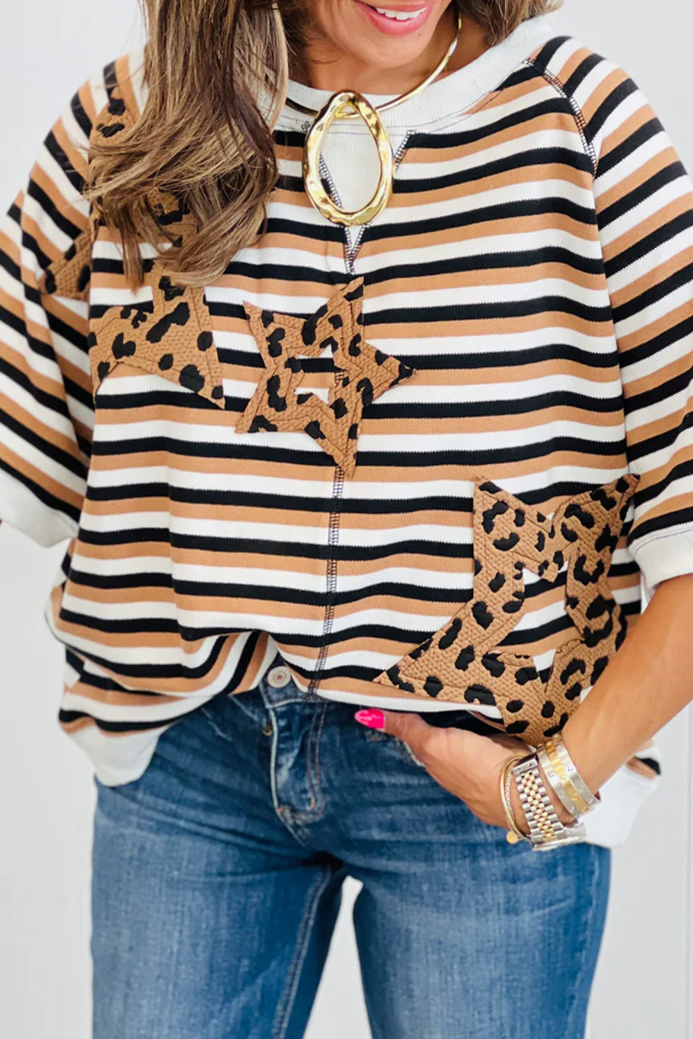 Khaki Stripe Star Patched Exposed Seam Half Sleeve Casual Top