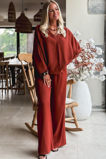 Clay Braided V Neck Long Sleeve Loose Top and Drawstring High Waist Pants 2pcs Outfit