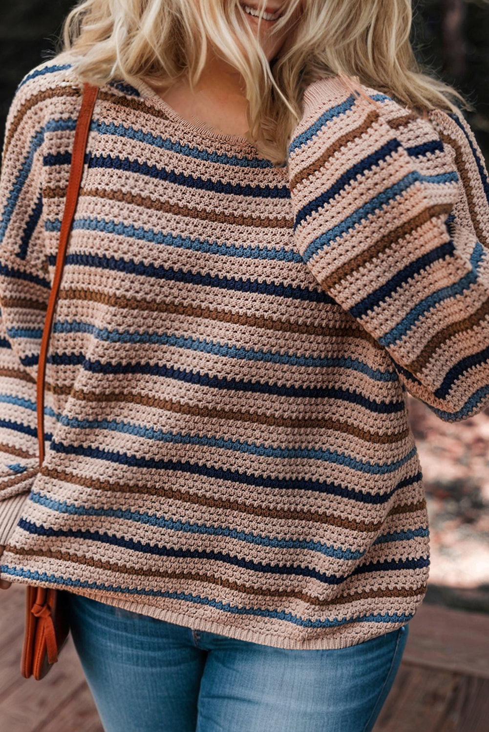 Multicolour Plus Size Striped Texture Knit Drop Shoulder Sweater