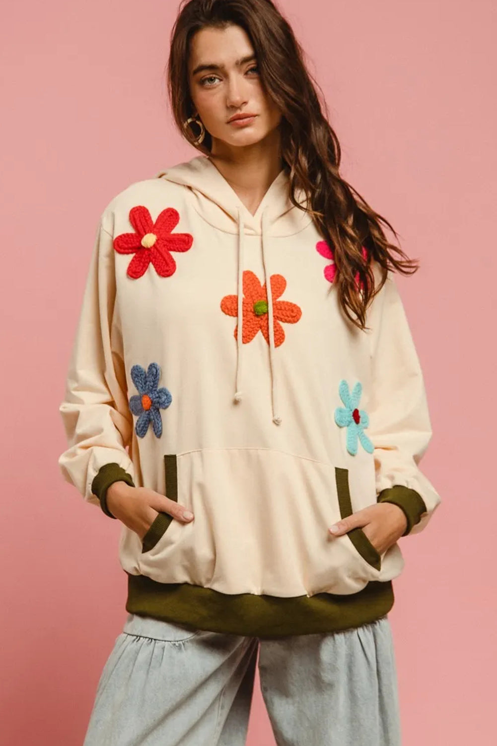 Beige Flower Patched Contrast Trim Pullover Hoodie