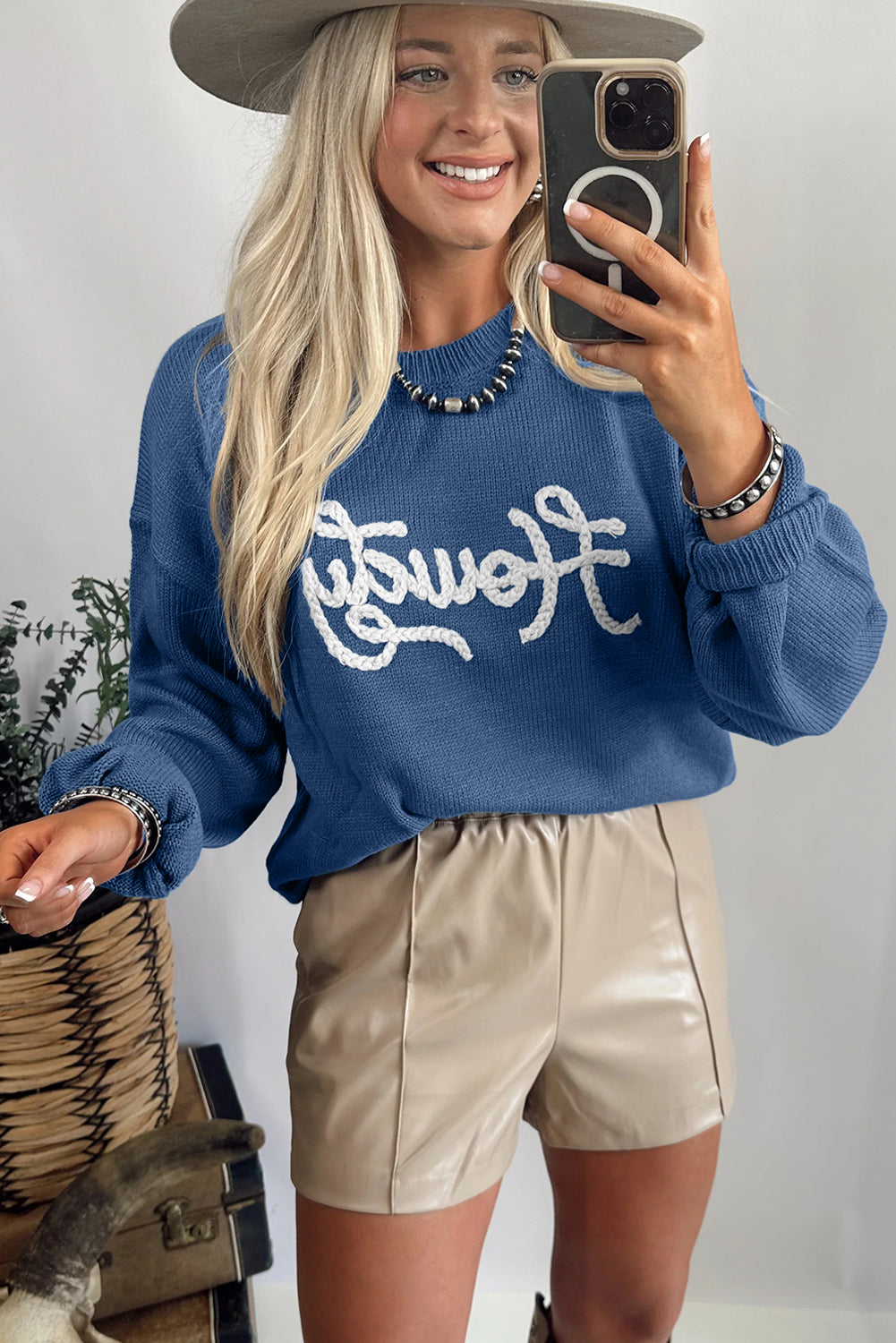 Dusk Blue Howdy Embroidered Graphic Western Sweater