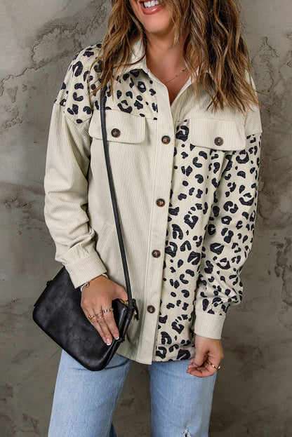 Apricot Corduroy Jacket with Leopard Print Details and Pockets