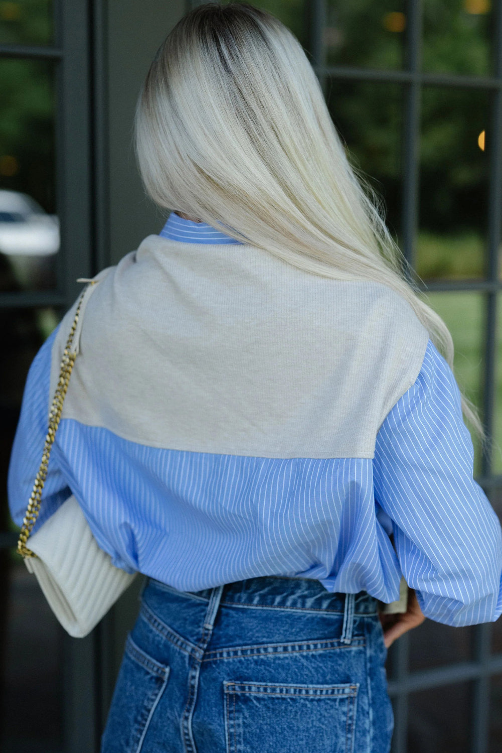 Sky Blue Knot Front Faux Two Piece Patchwork Shirt