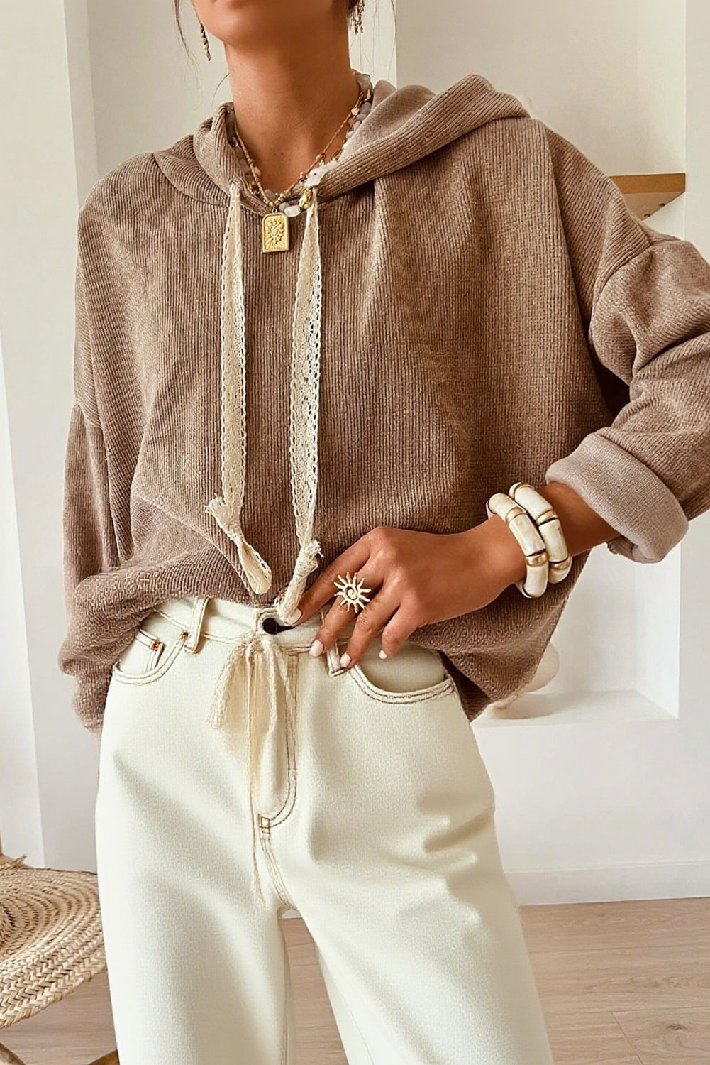 Smoke Gray Thermal Textured Lace/Leopard Drawstring Baggy Hoodie