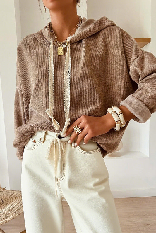 Smoke Gray Thermal Textured Lace/Leopard Drawstring Baggy Hoodie