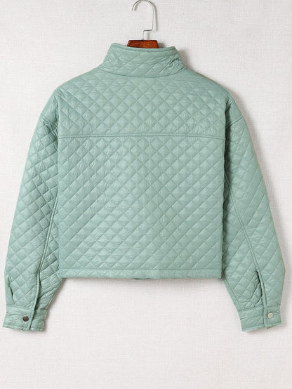 Green Quilted Zip-up Cropped Jacket with Chic Pockets