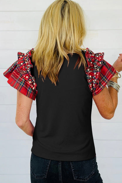 Black Plaid Pearl Ruffle Short Sleeve Loose T Shirt
