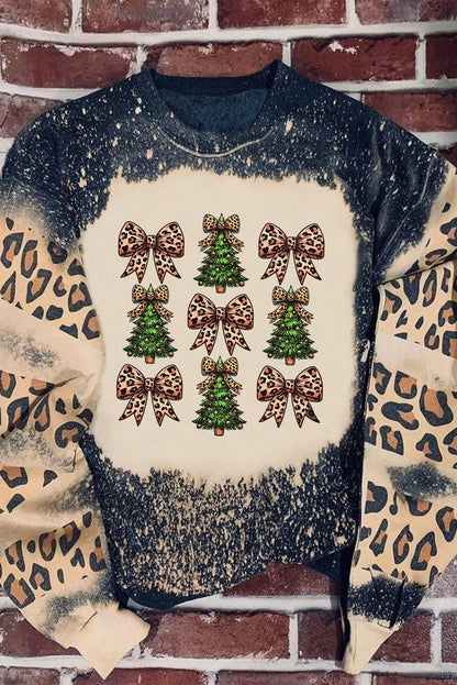 Black Leopard Bow Christmas Tree Printed Tie Dye Bleached Baggy Sweatshirt