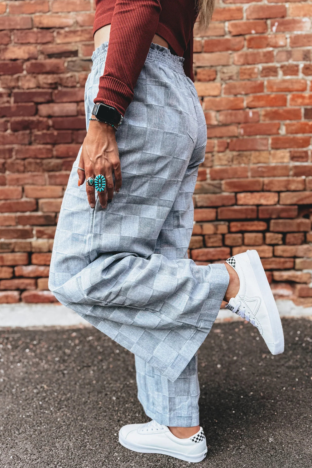 Sky Blue Frilled Elastic Waist Checkered Loose Denim Pants