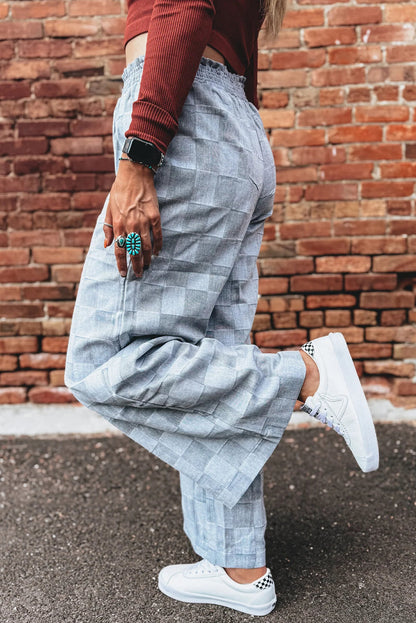 Sky Blue Frilled Elastic Waist Checkered Loose Denim Pants