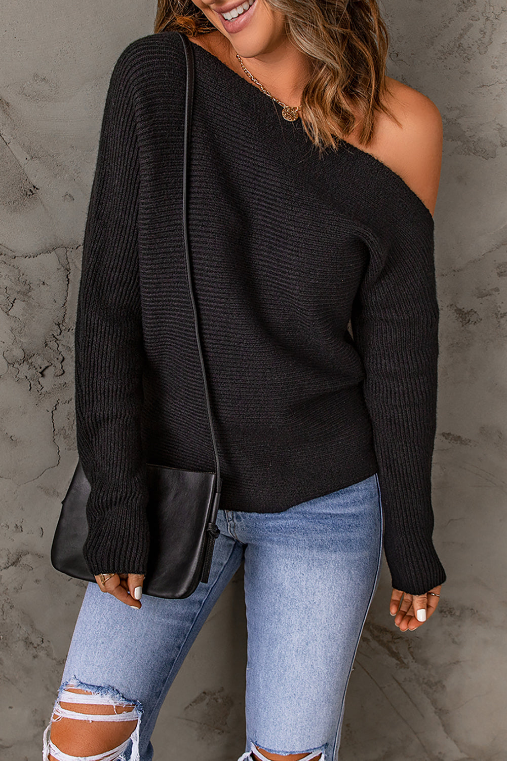 Elegant Off-The-Shoulder Black Knit Sweater