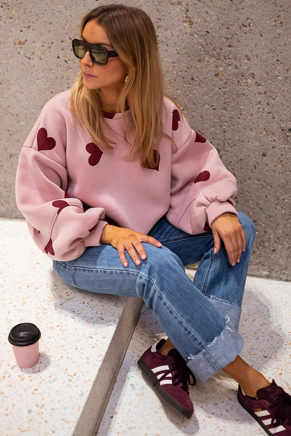 Pink Sweat Heart Print Patchwork Puff Sleeve Oversize Sweatshirt