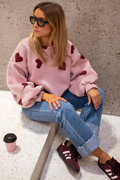 Pink Sweat Heart Print Patchwork Puff Sleeve Oversize Sweatshirt