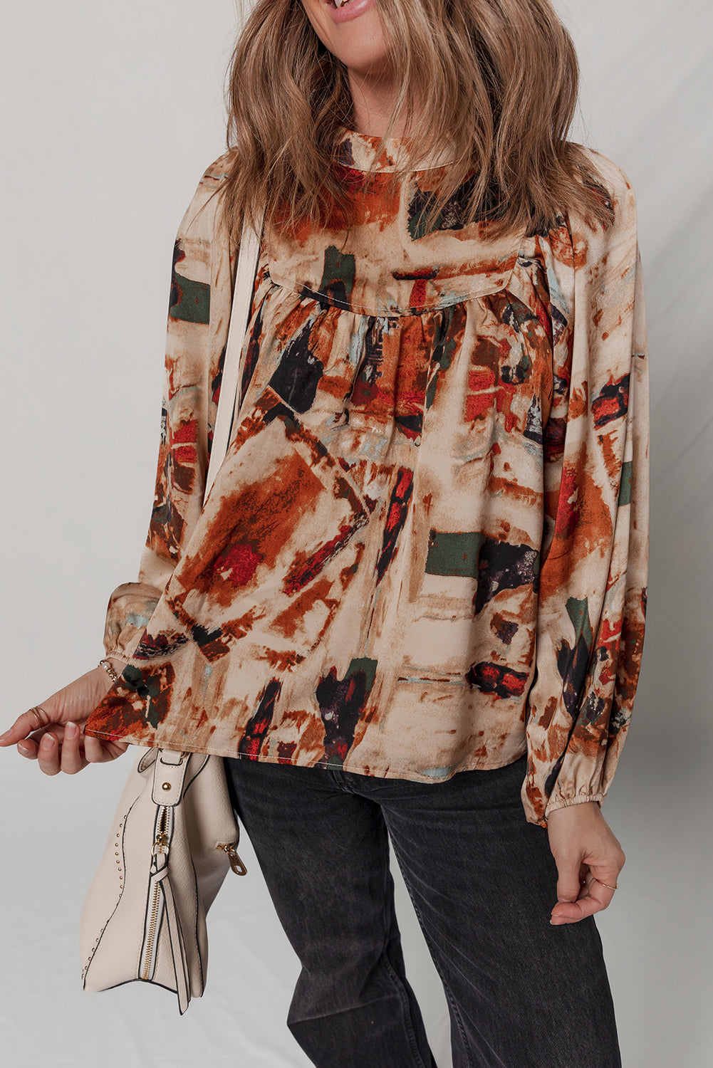 Multicolour Retro Abstract Print Zip Back Long Puff Sleeve Blouse