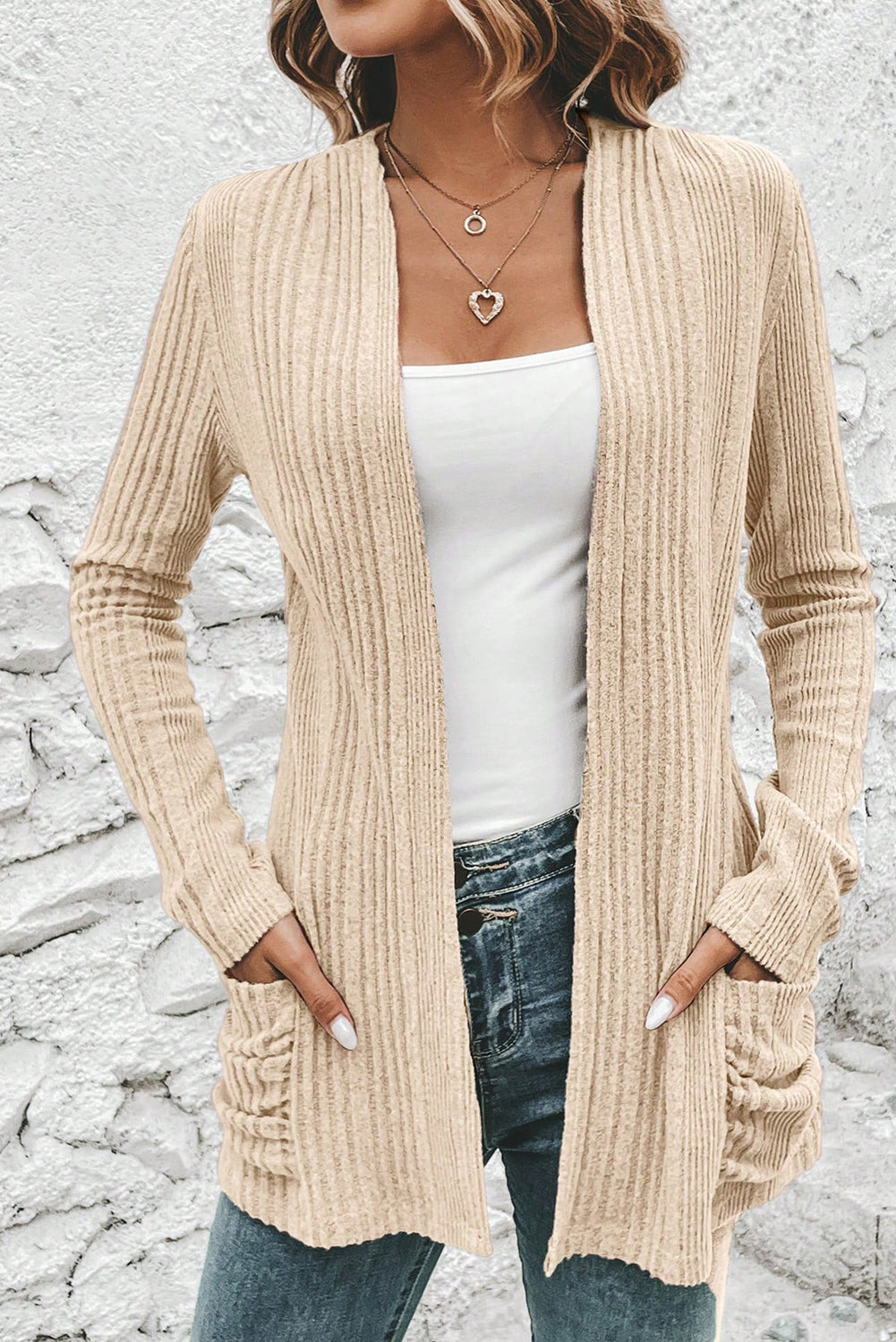 Beige Ribbed Open Front Knitted Top with Pockets
