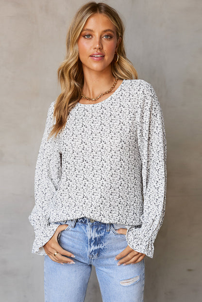 Floral Print Bubble Sleeve Black Blouse with Crinkle Texture