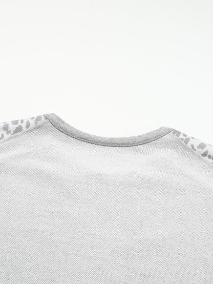 Leopard Patchwork Gray Buttoned Neck Pullover Sweatshirt