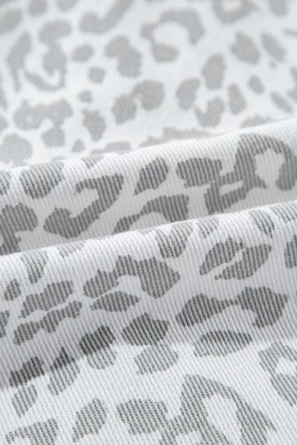 White Leopard Printed Flap Pocket Denim Jacket