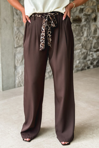 Dark Brown Solid Color Pleated Detail Pocketed Straight Leg Pants