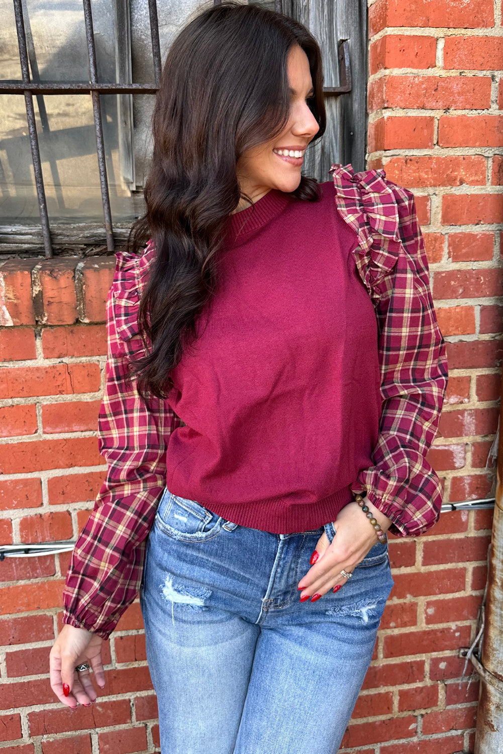 Red Dahlia Plaid Ruffled Puff Sleeve Patchwork Crew Neck Sweater