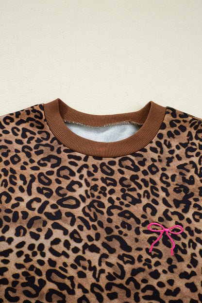 Coffee Leopard Print Contrast Trim Long Sleeve Top and Pants Set