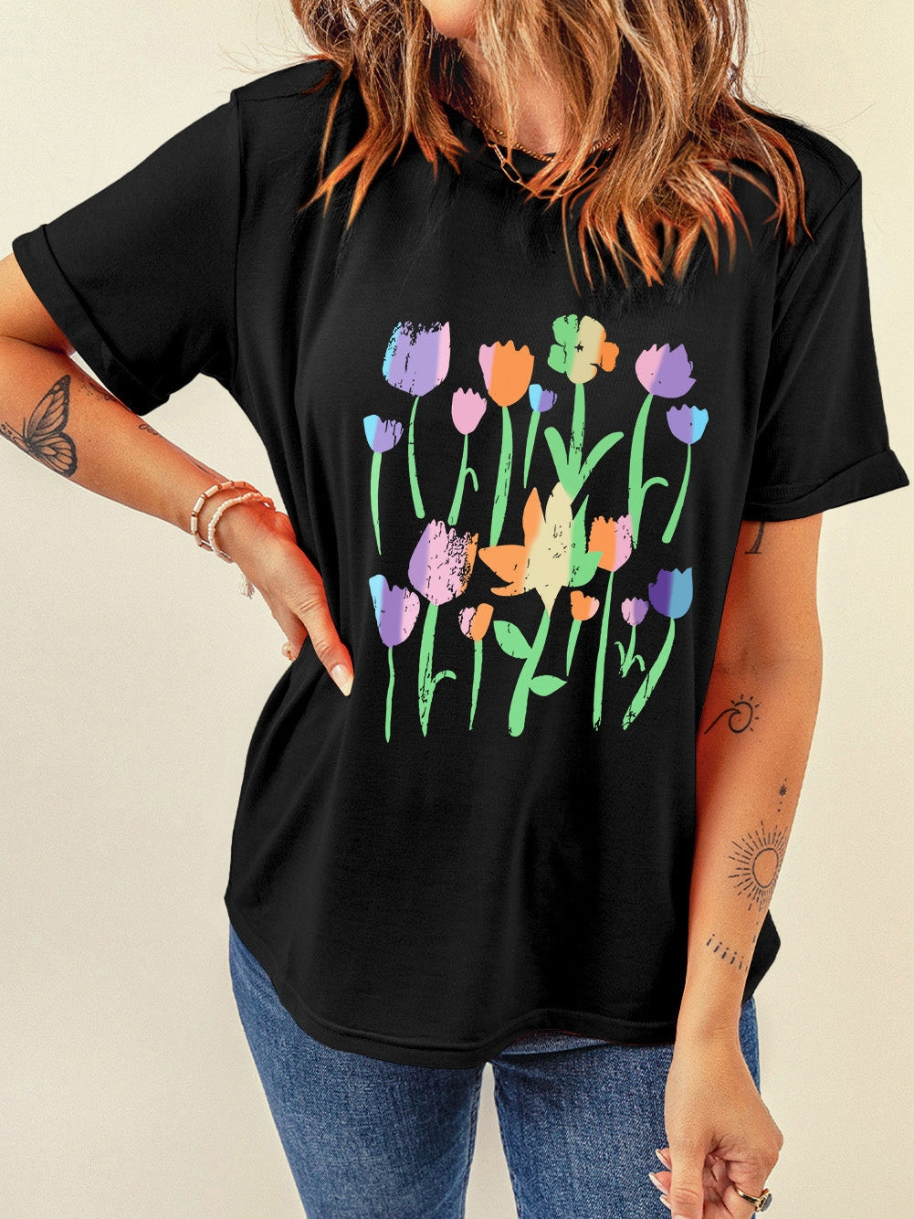 Floral Charm Black Crewneck Graphic Tee