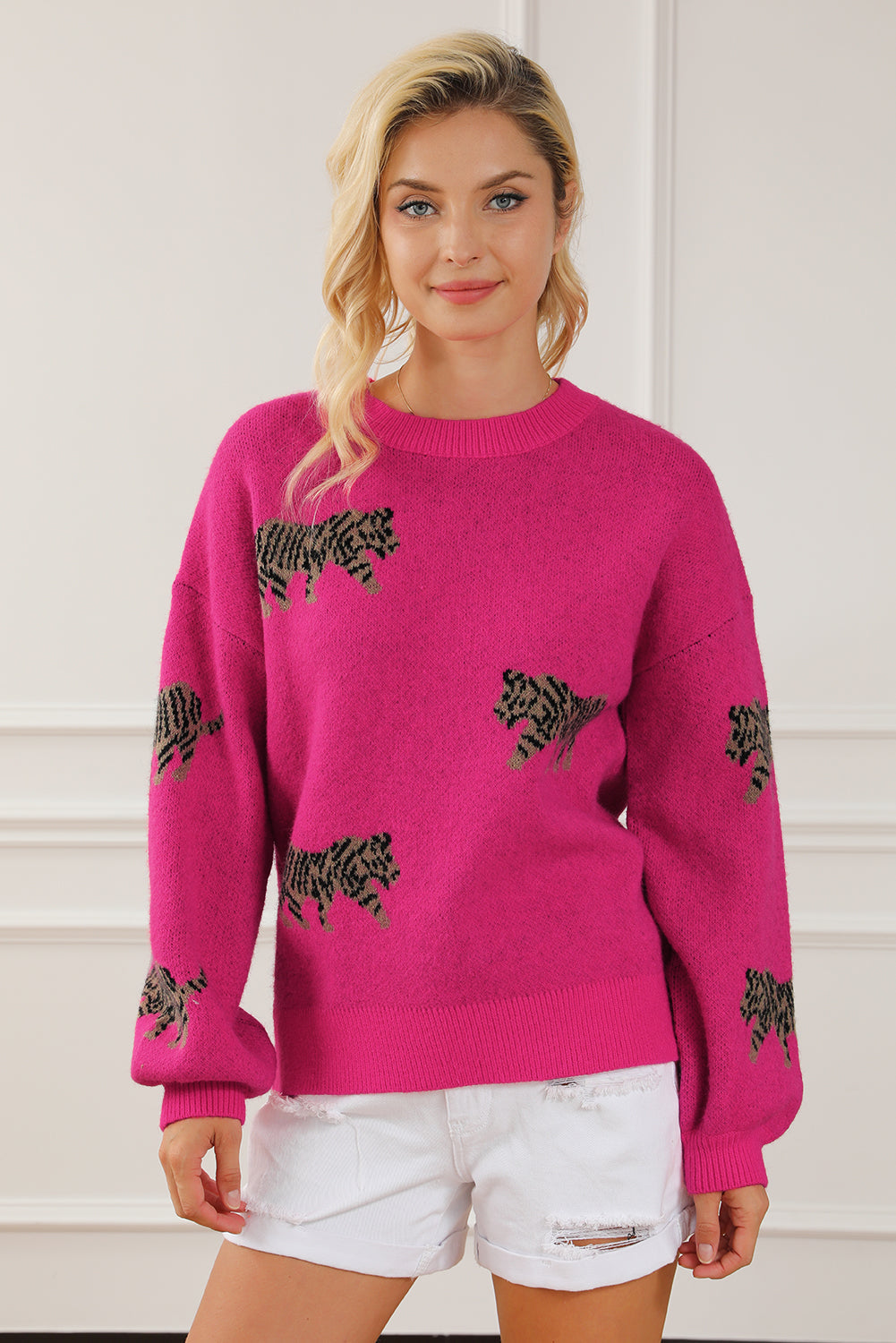 Fierce Leopard Print Rose Red Knit Sweater for Casual Chic