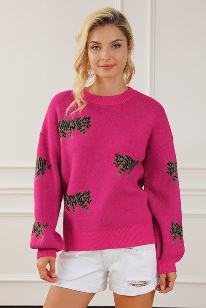 Fierce Leopard Print Rose Red Knit Sweater for Casual Chic