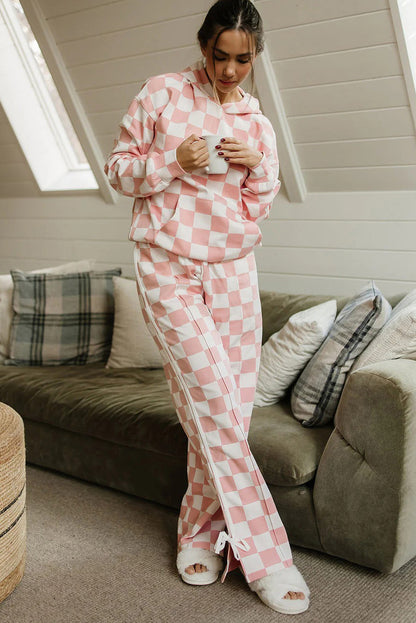 Pink Checkered Print Hoodie Side Stripe Bow Knot Pants 2pcs Set