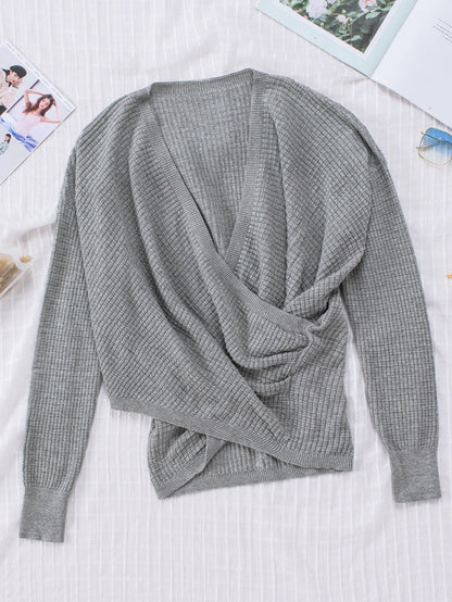Khaki Reversible V-Neck Waffle Knit Sweater
