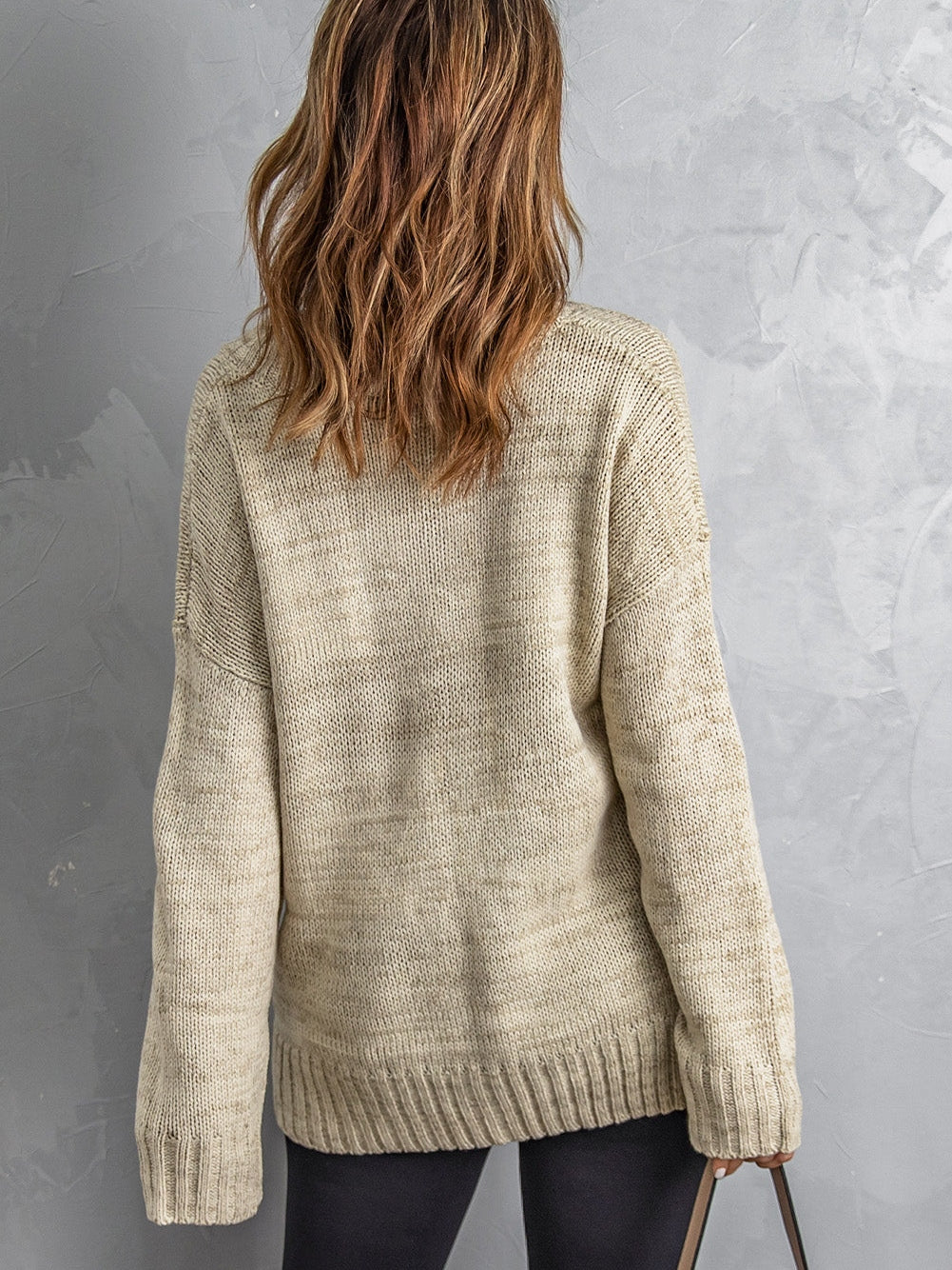 Khaki Drop Shoulder V-Neck Knit Pullover Sweater