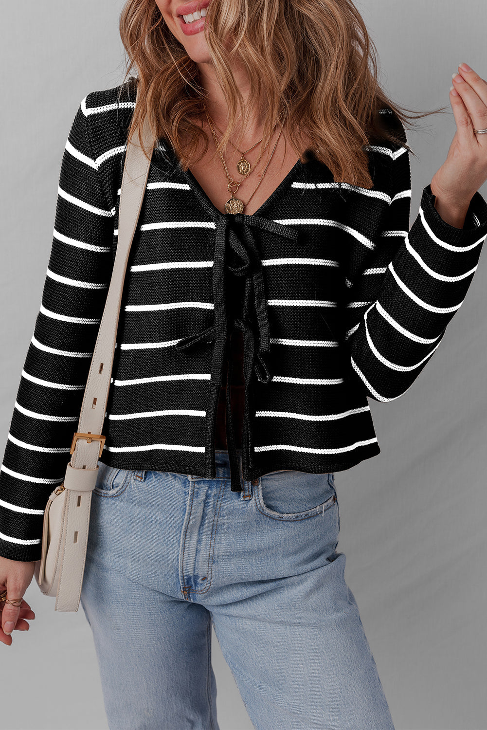 Black Stripe Tie Front Striped Knit V Neck Cardigan Sweater
